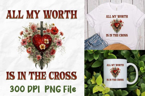 All My Worth is in the Cross Heart Jesus T-Shirt Designs