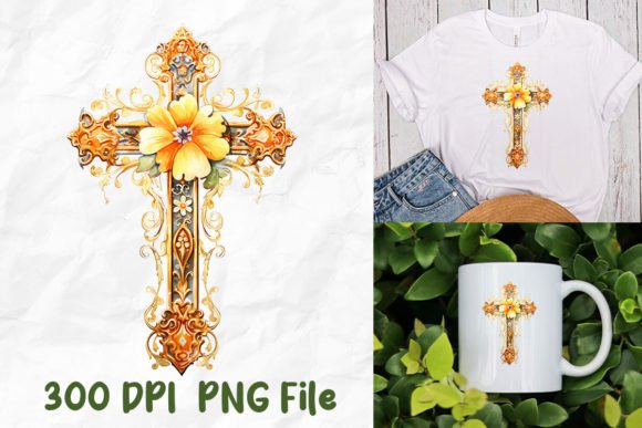 Jesus Christ Golden Gothic Cross Flowers T-Shirt Designs