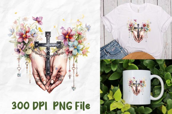 Jesus Christ Hands Hold Cross Flowers T-Shirt Designs