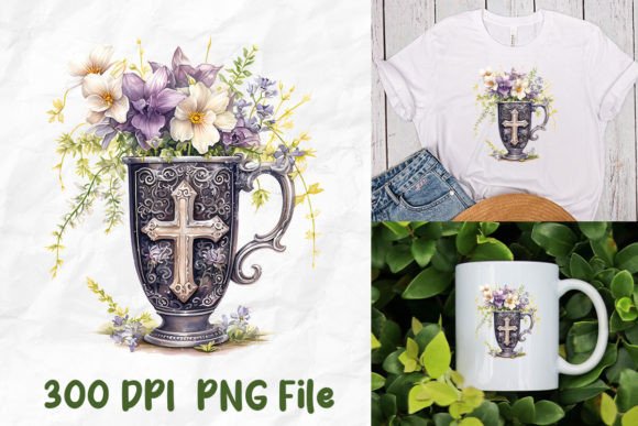 Jesus Christ Medieval Cross Cup Flowers T-Shirt Designs