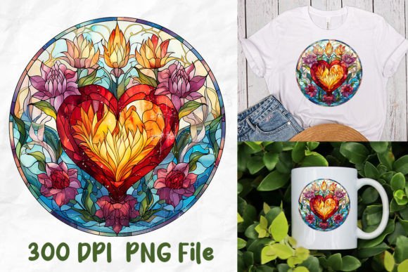 Jesus Stained Glass Fire Heart Flowers T-Shirt Designs