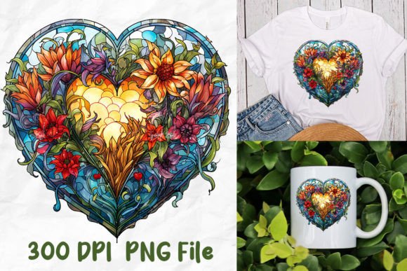 Jesus Stained Glass Flaming Heart Flower T-Shirt Designs