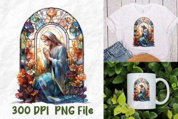 Jesus Stained Glass Flowers Woman Pray T-Shirt Designs