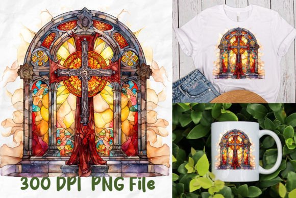 Jesus Stained Glass Medieval Cross T-Shirt Designs
