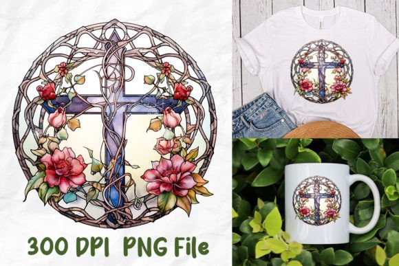 Jesus Stained Glass Thorn Crown Cross T-Shirt Designs