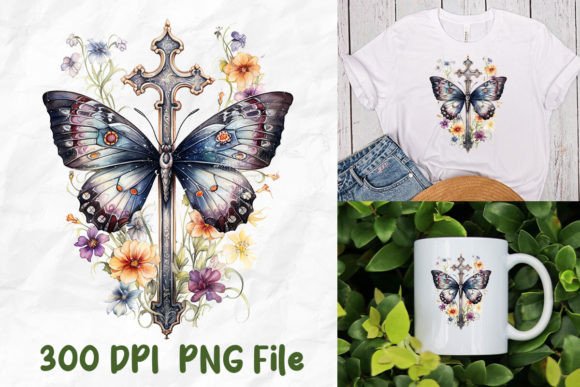 Jesus Wild Flower Gothic Cross Butterfly T-Shirt Designs