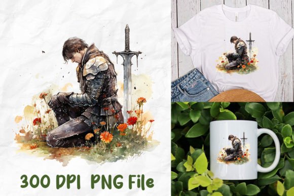 Jesus Wild Flower Medieval Warrior Kneel T-Shirt Designs