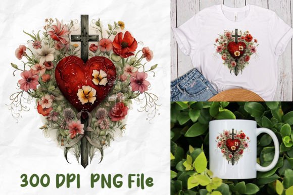 Jesus Wild Flower Red Heart Wooden Cross T-Shirt Designs