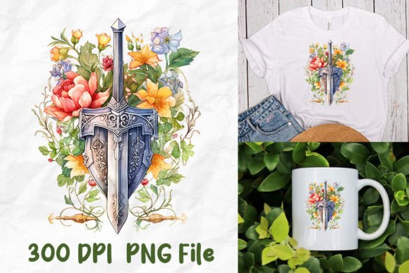 Jesus Wild Flowers Medieval Sword Shield T-Shirt Designs