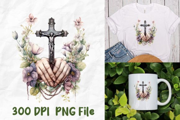 Jesus Wild Flowers Praying Hands Cross T-Shirt Designs